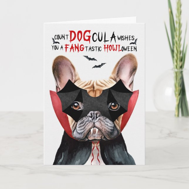 Tarjeta Festiva Tan Frenchie Dog Count DOGcula Funny Halloween (Anverso)