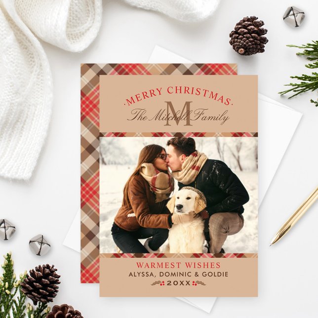 Tarjeta Festiva Tan Rústico Tartán Navidades Monograma Foto (Subido por el creador)