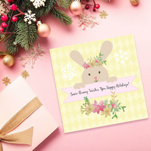 Tarjeta Festiva Tan Snow Bunny Pink Gold Poinsettia Hoppy