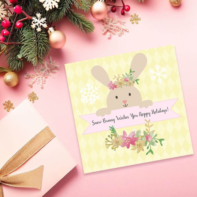 Tarjeta Festiva Tan Snow Bunny Pink Gold Poinsettia Hoppy (Subido por el creador)