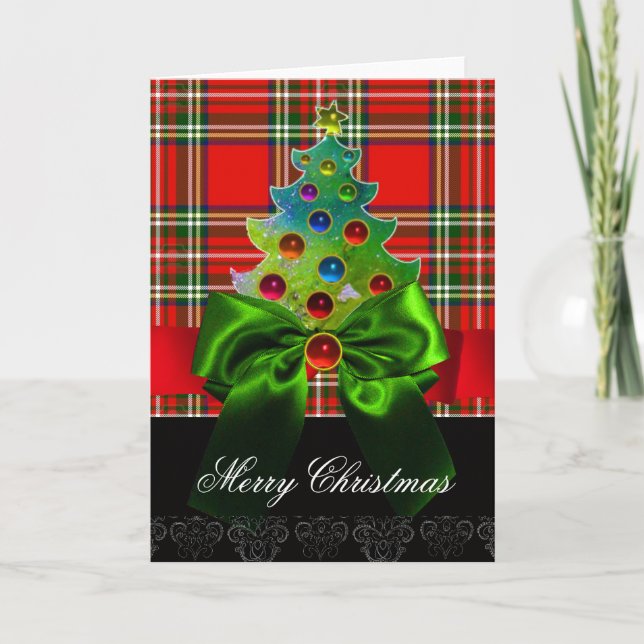 TARJETA FESTIVA TARTÁN ESCOCIA, BOWS VERDES ROJOS Y ÁRBOL DE NAVID (Anverso)