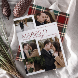 Tarjeta Festiva Tartan Merry y foto casada festividad recién casad