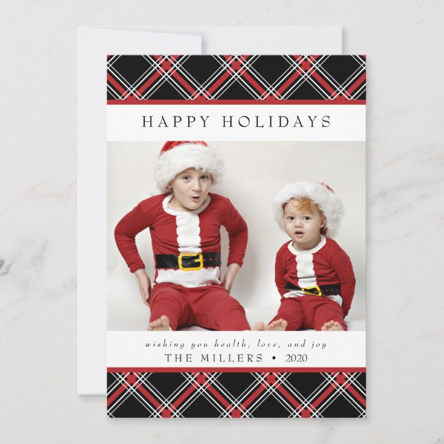 Tarjeta Festiva Tartan Plaid Happy Holidays Card para Navidades (Anverso)