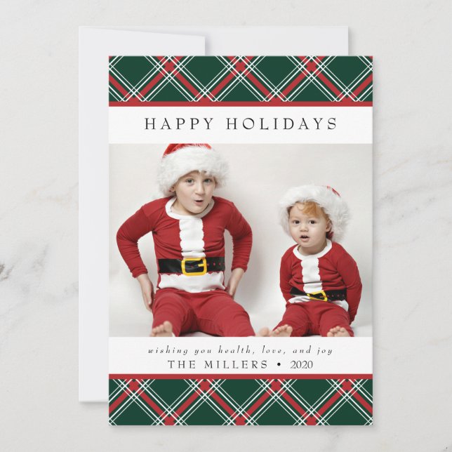Tarjeta Festiva Tartan Plaid Happy Holidays Card para Navidades (Anverso)