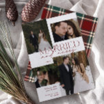 Tarjeta Festiva Tartán Rojo casado y foto moderna morena recién ca<br><div class="desc">Presentamos nuestra nueva e impresionante tarjeta de vacaciones Red Tartan Married y Merry Modern 4 Photo New Holiday Card: un diseño moderno con tipografía elegante y una preciada foto boda, en blanco y rojo festivo. El frente minimalista se complementa con un cálido, festivo , con un toldo rojo y verde...</div>