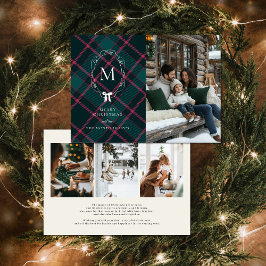 Tarjeta Festiva Tartan Verde y Rosa | Monograma con Lazo Coquette 