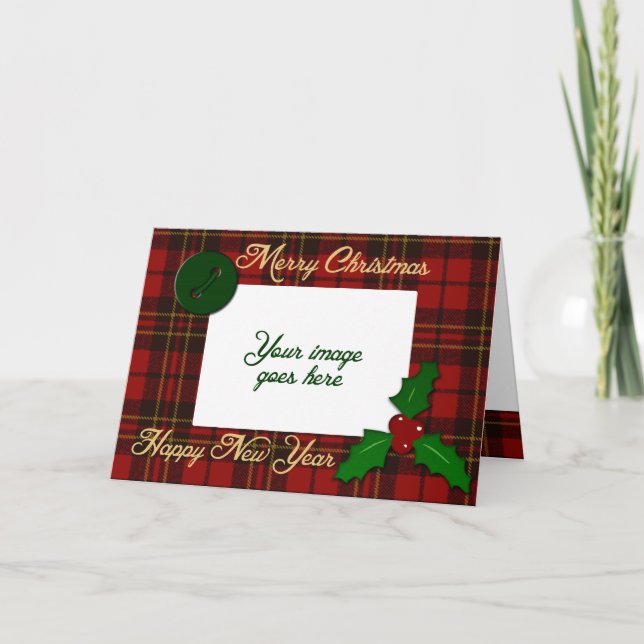 Tarjeta Festiva Tártaro rojo dijo a tus Navidades de fotos saludar (Anverso)