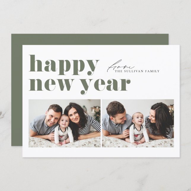 Tarjeta Festiva Taupe Green Retro Typografía Foto Feliz Año Nuevo (Anverso / Reverso)