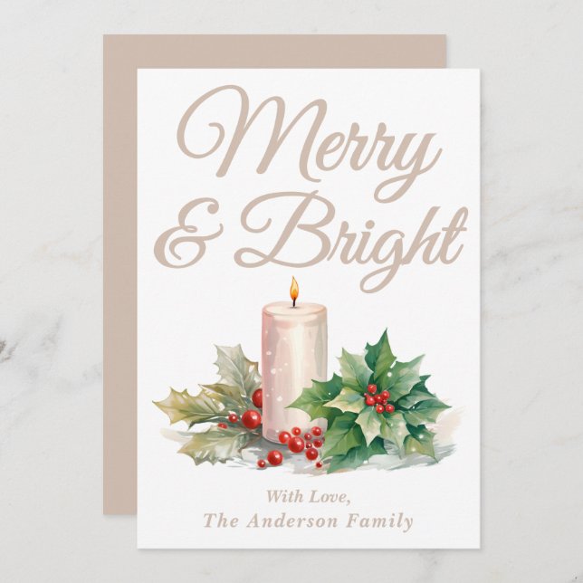 Tarjeta Festiva Taupe Guión manuscrito Merry & Bright (Anverso / Reverso)