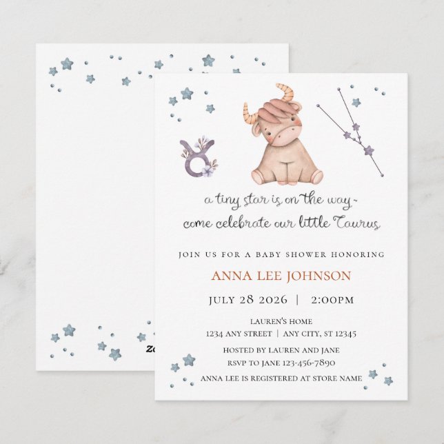 Tarjeta Festiva Taurus Zodiac Baby Shower Invitation (Anverso / Reverso)