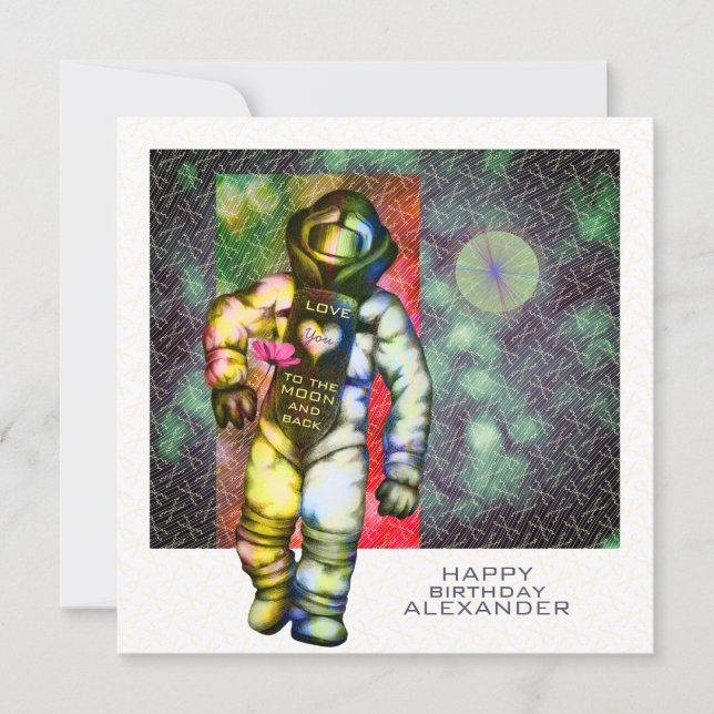 Tarjeta Festiva Te amo a la Guay del astronauta lunar Feliz cumple (Anverso)