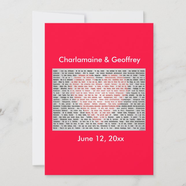 Tarjeta Festiva Te amo en 100 idiomas, corazón rojo (Anverso)