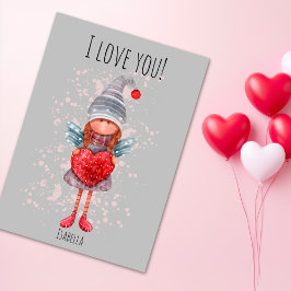 Tarjeta Festiva Te Amo Lady Gnome Con El Corazón Rojo Pun Valentin