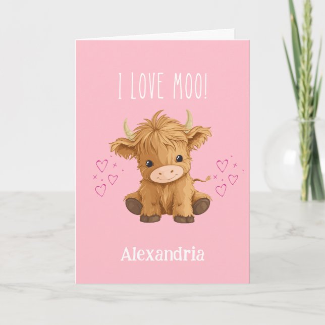 Tarjeta Festiva Te amo Moo Highland Cow San Valentín (Anverso)