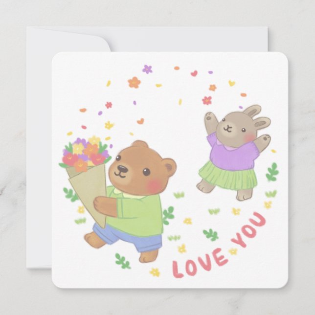 Tarjeta Festiva Te amo: Oso de Teddy y conejo con flores (Anverso)