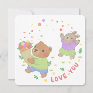 Tarjeta Festiva Te amo: Oso de Teddy y conejo con flores
