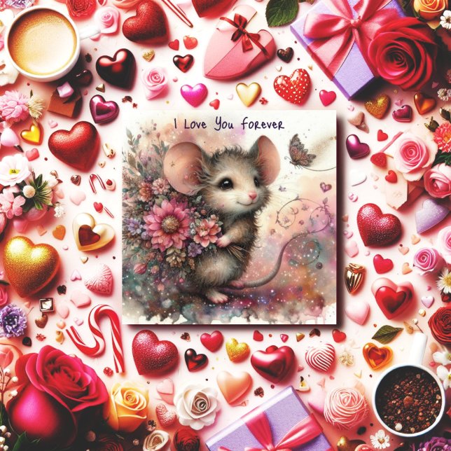 Tarjeta Festiva Te Amo Por Siempre Flor Bouquet Mouse Valentine (Subido por el creador)