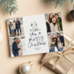 Tarjeta Festiva Te deseamos una alegre marina navideña cuatro foto<br><div class="desc">¡Te deseamos una Feliz Navidad! Esta tarjeta fotográfica de vacaciones muestra un mensaje clásico en una forma divertida de árbol de Navidad en azul marino sobre un fondo blanco. Con cuatro fotos en la parte delantera, es una buena manera de enviar Navidades a sus amigos y familiares. El tratamiento de...</div>