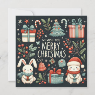 Tarjeta Festiva Te deseo Feliz Navidad, lindos conejitos de Santa