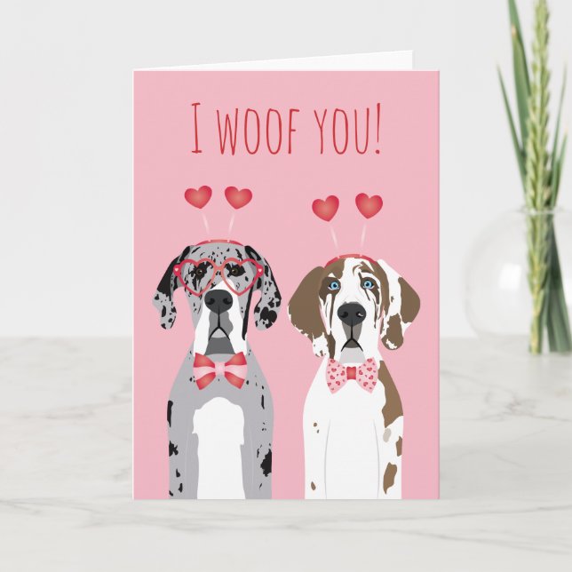 Tarjeta Festiva Te Woof Great Dane Dogs Pink Red (Anverso)