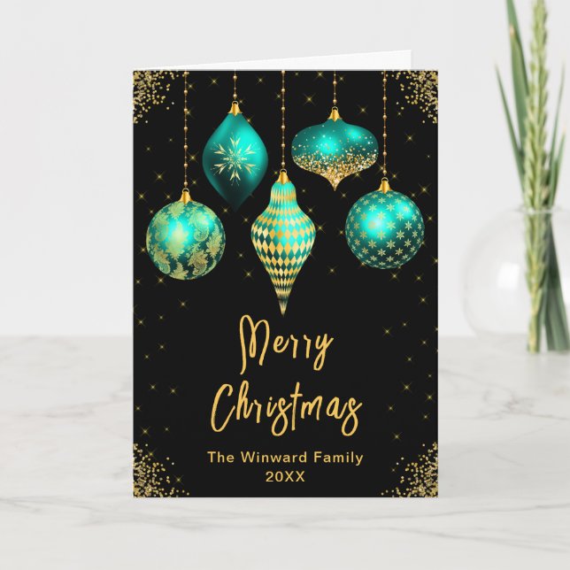 Tarjeta Festiva Teal and Gold Ornaments Merry Christmas (Anverso)