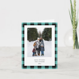 Tarjeta Festiva Teal Black Buffalo Plaid Border 3 Photo Christmas