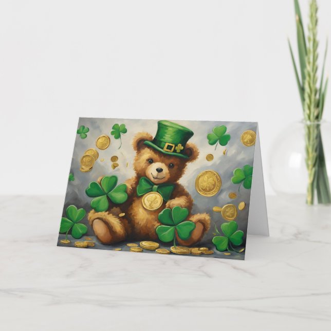 Tarjeta Festiva Teddy del Día de San Patricio con Shamrock y moned (Anverso)