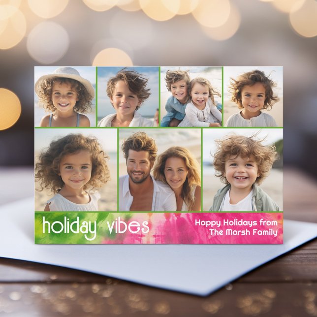 Tarjeta Festiva Tejido de arcoiris - 7 Collages de fotos - Vibe de (A funky tie dye design with 7 Christmas photos. Online and download options available.)