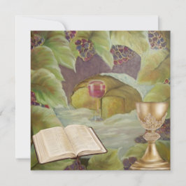 Tarjeta Festiva Tela blanca con vino y pan rodeados de verde