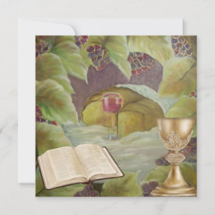 Tarjeta Festiva Tela blanca con vino y pan rodeados de verde