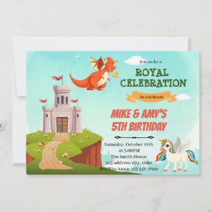 Tarjeta Festiva Tema del cumpleaños del dragón y el unicornio