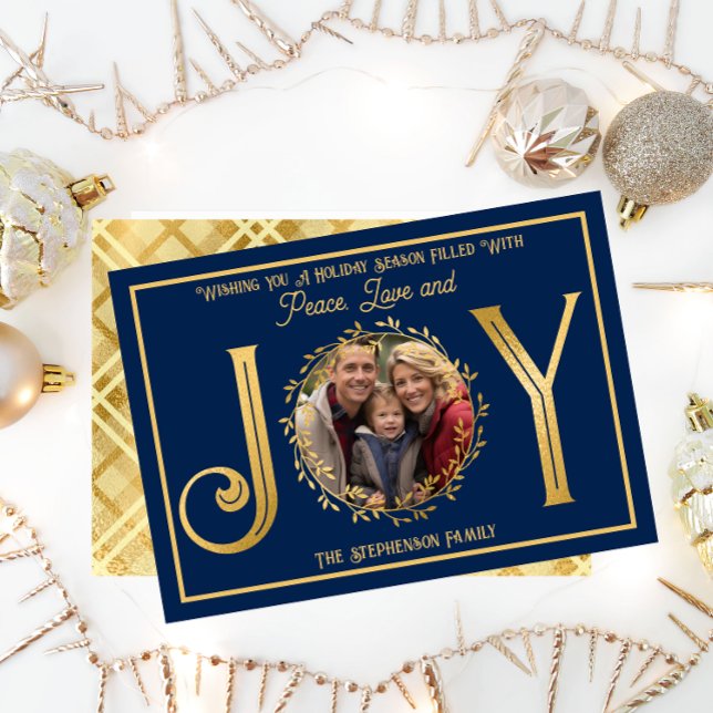 Tarjeta Festiva Temporada de vacaciones deseándote paz amor y aleg ("Wishing You A Season ... Peace Love and Joy" Faux Foil Photo Blue Christmas Holiday Flat Card )