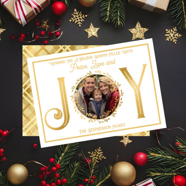 Tarjeta Festiva Temporada de vacaciones deseándote paz amor y aleg ("Wishing You A Season ... Peace Love and Joy" Faux Foil Photo White Christmas Holiday Flat Card )
