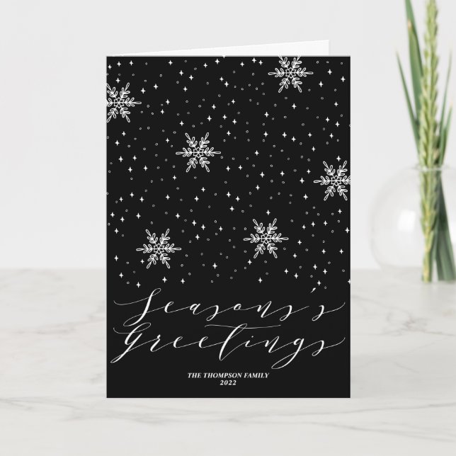 Tarjeta Festiva Temporadas de copos de nieve negros y blancos salu (Anverso)