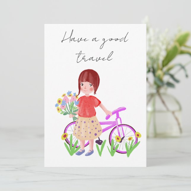 Tarjeta Festiva Ten un buen viaje, postal. chica personalizado con (Anverso de pie)