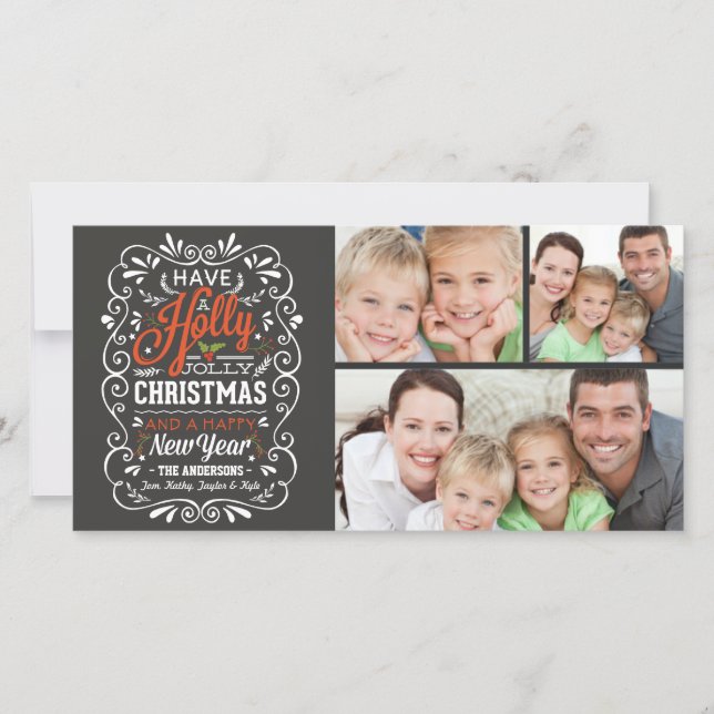 Tarjeta Festiva Tener Navidades Holly Jolly Chalkboard 3-Photo (Anverso)