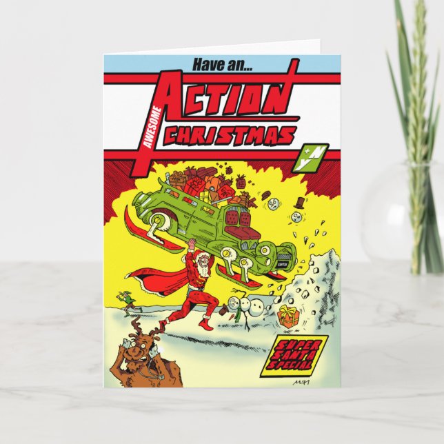 Tarjeta Festiva ¡Tengan Navidades de acción! Navidades superheroic (Anverso)