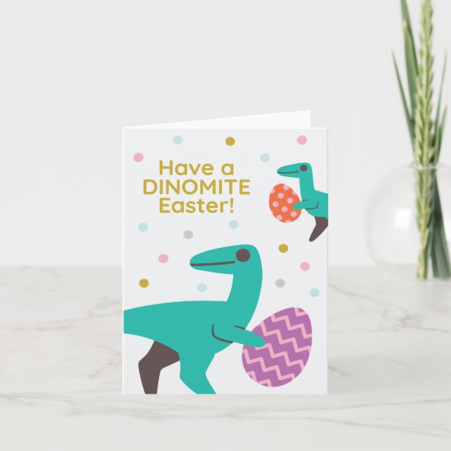 Tarjeta Festiva ¡Tengan una Pascua DINOMITA! Caza de Huevo de Pasc (Anverso)