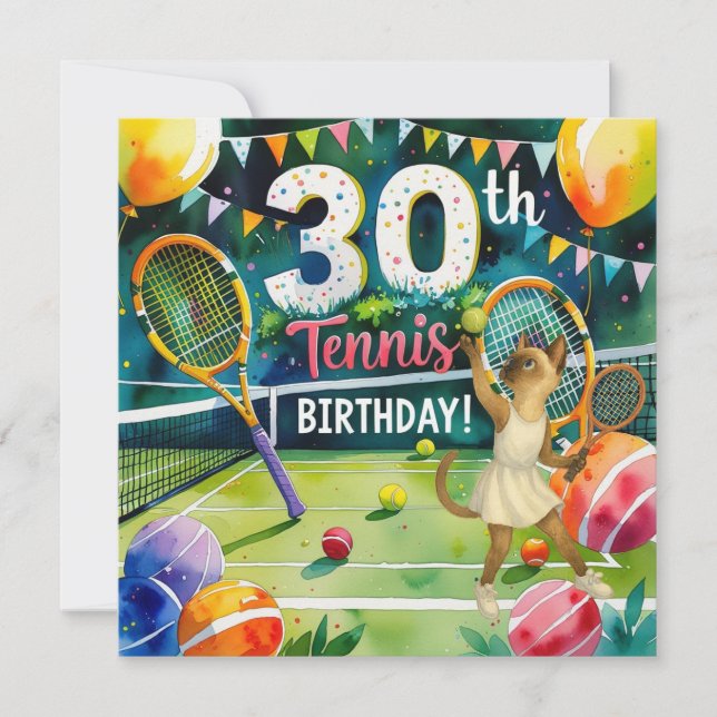 Tarjeta Festiva Tenis 30 años para los amantes del gato siamés (Anverso)