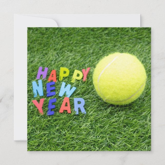 Tarjeta Festiva Tenis feliz año nuevo y pelota de tenis para jugad (Anverso)