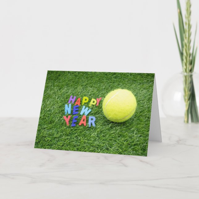 Tarjeta Festiva Tenis feliz Año Nuevo y pelota de tenis y sombrero (Anverso)