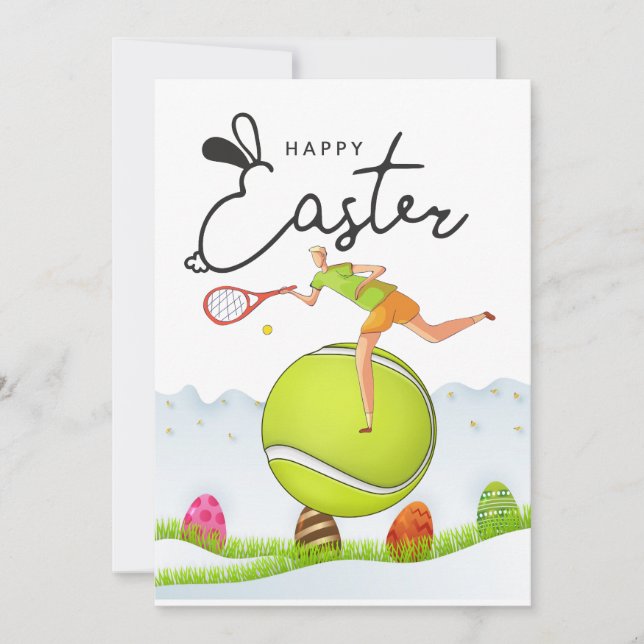 Tarjeta Festiva Tenis Feliz Pascua al jugador de tenis con huevos (Anverso)