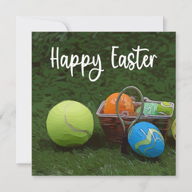Tarjeta Festiva Tenis Feliz Pascua con pelota y huevos en verde (Anverso)