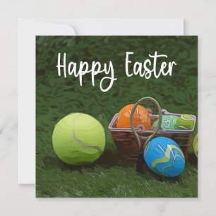 Tarjeta Festiva Tenis Feliz Pascua con pelota y huevos en verde