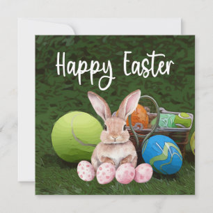 Tarjeta Festiva Tenis Feliz Pascua con pelota y huevos en verde