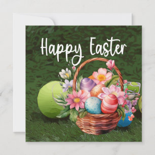 Tarjeta Festiva Tenis Feliz Pascua con pelota y huevos en verde