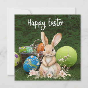 Tarjeta Festiva Tenis Feliz Pascua con pelota y huevos en verde