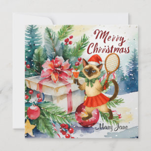 Tarjeta Festiva Tenis navideño para jugador que ama el gato
