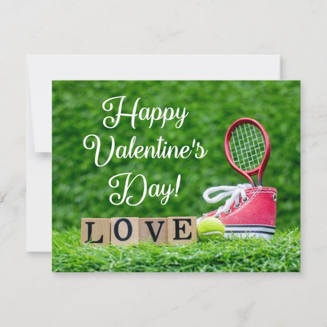Tarjeta Festiva Tenis para el Día de San Valentín con raqueta y pe (Anverso)