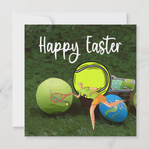 Tarjeta Festiva Tenis Pascua con pelota y huevos en verde Fiesta